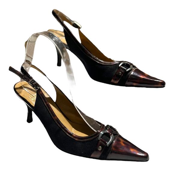 Stuart Weitzman Black Aspect Tortoise Slingback Pointed Kitten Heels Size 6 M - Picture 1 of 8